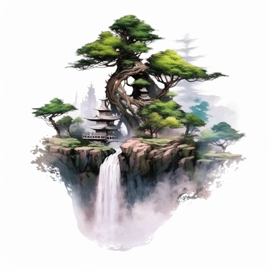waterfall realistic, high resolution, bonsai tree, watercolor clipart, completely white background