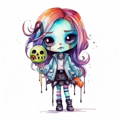 cute Monster High Chibi style girl, Halloween style, white background,clipart watercolor illustration, single object, high definition, white background for removing background