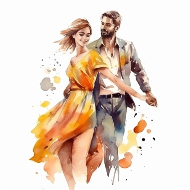 an isolated watercolor clipart of a stunning model couple, dancing, smiling happily, colorful
