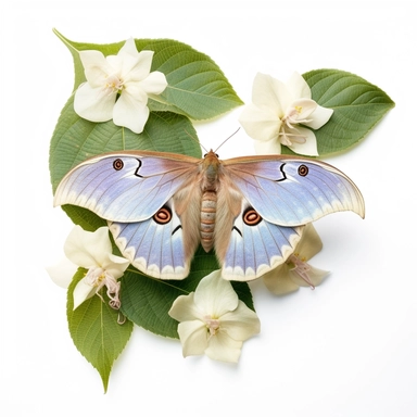 a female Chinese moon moth, surrounded by light blue and azure flowers, romantic bloomcore, beautiful beyond belief, photo clipart on solid white background