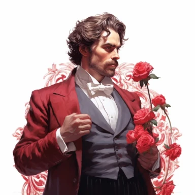old victorian era, handsome man, angle perspective, hyper-realistic painting, decorated with minimal amount of red roses, intricate details, elegance, charm, clipart, white background