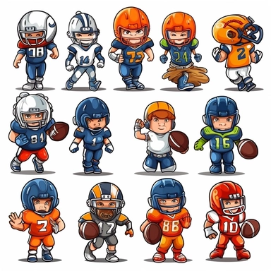 cartoon style American football elements in isolated clipart image sets of 10, white background