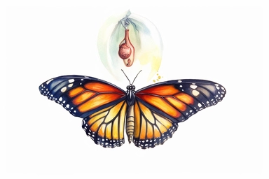 Watercolor, Create an animated GIF of a butterfly emerging from its chrysalis and taking its first flight, clipart, hd, on a white background, spaced out
