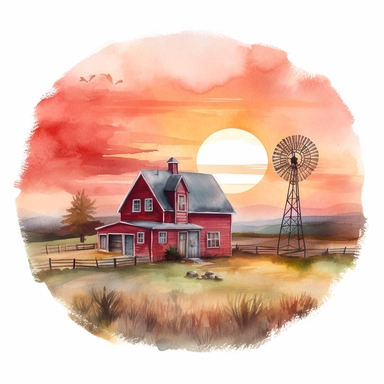 A serene farmhouse nestled in the countryside, with a red barn, windmill, and a picturesque sunset in the background, american style, clipart, watercolor