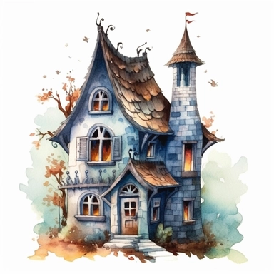 watercolor witch house, vintage style witch house, super high quality, professional watercolor clipart, high resolution, clip art, animals on the sides