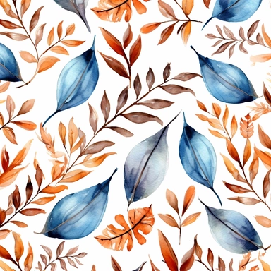 autumn leaves pattern watercolor floral watercolor pattern clip art free download, in the style of light indigo and brown, mosaic-like patterns, dark yellow and light brown, attention to fur and feathers texture, 3840x2160, hand-coloring, light gray and dark brown