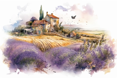 illustration watercolor art of cute lavender, provence, meadow, village, small and colorful particles, France, masterpiece by Jean-Baptiste Monge style and by Vladimir Kush style and by Hans Zatzka style, rococo style, PNG clipart, isolated on white, extreme photorealistic details, 32k HD resolution, realistic high detailization high resolution