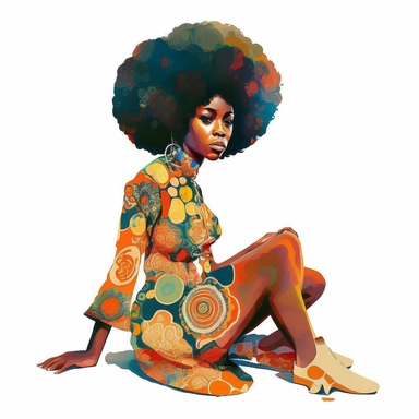 60s, funk, african woman, Kneeling, full body, art nouveau, afro bob hair, water colour painting, clipart, white background