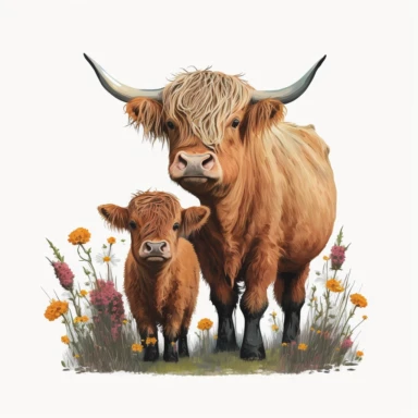 highland cow with her cute child intimately stand together,flower cluster in the front of them. clipart style