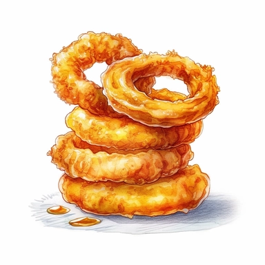 a delightful watercolor, hyper-realistic clipart image with a white background and white margins, showcasing a box of crispy onion rings. The ultra-detailed, hand-drawn elements capture the golden breading and crispy texture of the rings. Use whimsical touches to add a touch of whimsy, and bold shades of yellow to evoke the satisfying crunch and deliciousness of this popular fast food side dish