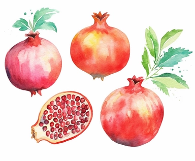 watercolor four Pomegranate fruits clipart, flat style, no volume, few details, washed out, minimalistic style, very lose details, very light colors, transparent colors, light airy hues and pastel tones, spaced out, white background, washed out colors and paint, hand-painted watercolor, watercolor spray, watercolor splash, splatters and paint smudges on top of each Pomegranate, watercolor paper with visible rough paper texture, a variety of watercolor brushes, do not cross workspace borders, rou