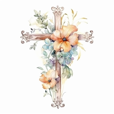 Watercolor sketch of floral cross, natural single design, highlydetailed, clipart style, white background, 8k