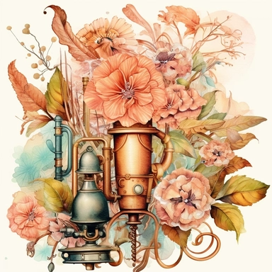 Transport your audience to a mesmerizing realm where steampunk aesthetics meet the fluid beauty of watercolor with this captivating collection of floral arrangements clipart. Harness the expressive power of watercolor as the artistic medium, allowing its translucent layers and delicate brushstrokes to bring life to the steampunk-inspired compositions. Infuse the artwork with the distinctive elements of steampunk culture, referencing the works of authors like H.G. Wells and incorporating imagery 