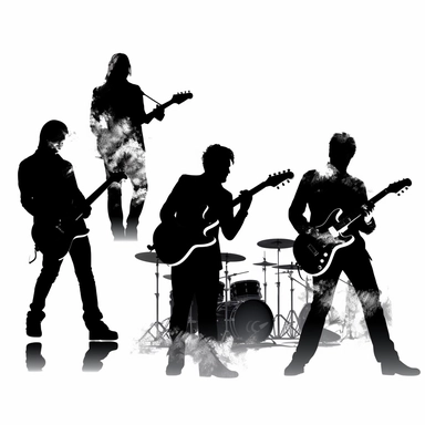 high resolution, solid black silhouettes, clip art, rock band themed, 4k, white and black only
