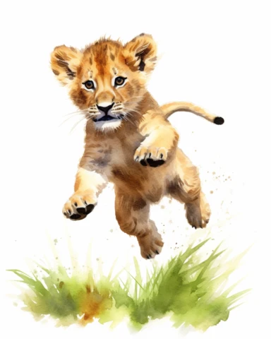 detailed watercolor Baby lion jumping on grass , realistic, isolated on a white background, clipart