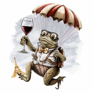 studious toad with glasses and red wine in his hand while parachuting from the Eifel tower, vintage, funny, white background, clipart, no shadows, caricature