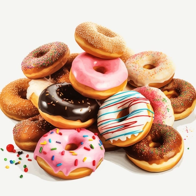 Donut shop clipart, donuts, bagels, white background, hd, spaced out