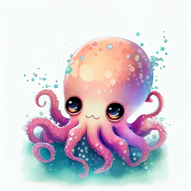 cute pink octopus with big head, big eyes with curled eyelashes, watercolor hand draw Illustration clipart, 4K, extremely detailed