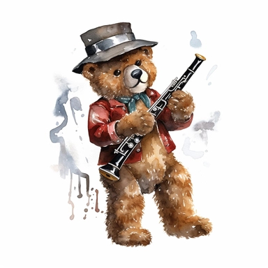 a watercolor of a realistic teddy bear playing the clarinet, rock band style, vector free clipart illustration, in the style of unreal engine 5, 32k uhd, detailed features, white background