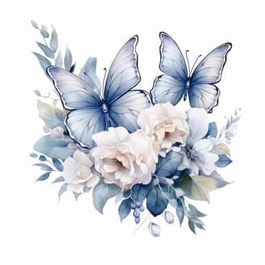 frosty white butterfly clipart with flower border, white background, watercolor, vector