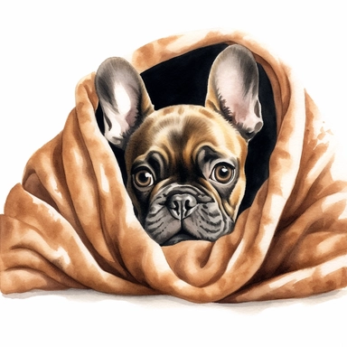 french bulldog puppy hiding under a blanket, watercolor illustration, clipart, full body, hyper-realistic animal illustration, childlike, free brushwork, white background