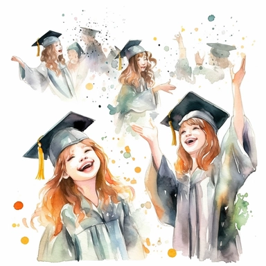 watercolor graduation ceremony related scenes, illustrations clipart set, simple, , cartoon elements ,different variants , separate elements with a margin, ,4k, high resolution