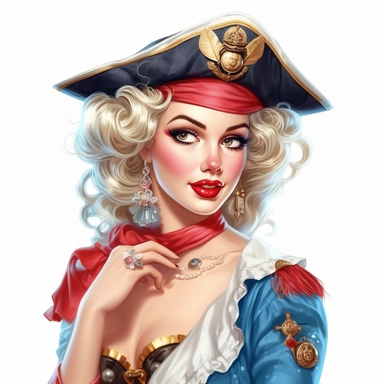 beautiful pretty pin up as captain pirate woman, makeup and hair 50's style , paint art style, detail, clipart, white background, superrealistic, one of a kind