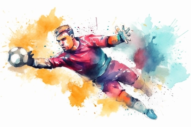 Watercolor, Create a picture of a handball goalie making a save with a diving effort clipart, hd, on a white background, spaced out