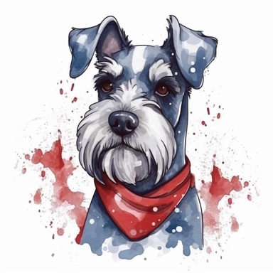 watercolor clipart illustration of a schnauzer wearing a bandana, red white and blue, hand painted details, clean and simple designs, solid background color, spaced out
