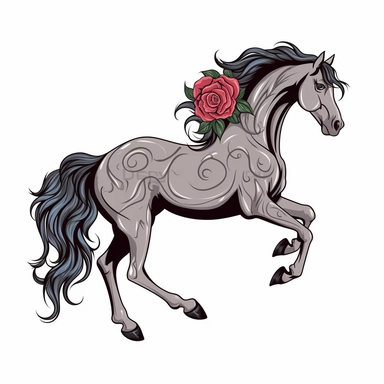 Clip Art, 2d, Flat Vector, Rose Gray ARABIAN Breed Horse With BLACK Extremely long thick Mane LOGO on White Background, NO TEXT, NO WATERMARK,
