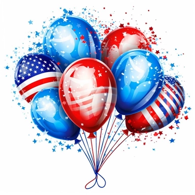 American patriotic flag balloons with fireworks clipart illustration, centred, vibrant colors, red, white and blue, add the flag, on a white background, no watermark, no logo, no writing