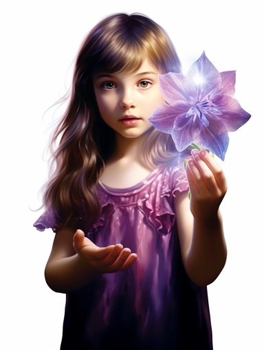 a child holding a purple Lily were only became apparent afterwards. an uncommon crystal flower's powers, mystical, clipart png, realistic, digital painting, WHITE BACKGROUND, fantasy style, realistic, painting, watercolor, 8k, ultra details,