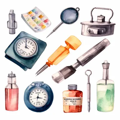 watercolor doctor related scenes , illustrations clipart set, simple, , cartoon elements ,different variants , glucometer, insulin syringe, nurse, doctor, stethtescope, mechanical body weighing scale, tweezers, microscope, ambulance, , separate elements with a margin