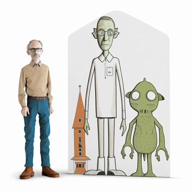 Boho style illustration, clipart, sublimation drawing Alien standing next to American Gothic characters by American artist Grant Wood Vibrant colorful colors on white empty background, 8k high quality, high quality detail