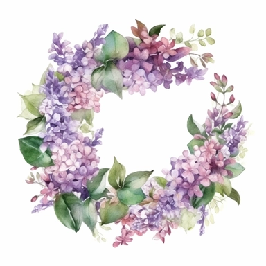 lilac flower wreath in white and purple color, lilac bush leaves, watercolor clipart, bright colors, isolated white background, 8k