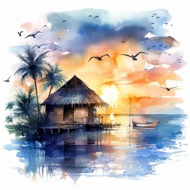 Paradise beach sunset, hut with thatched roof, beautiful, blue sky, white clouds, damatic, palms, birds , watercolor illustration painting, in the style of liquid emulsion printing, colorfull masterpiece , colorful dreams, decorative paintings, clipart, detailed, 8k, on white background with margins