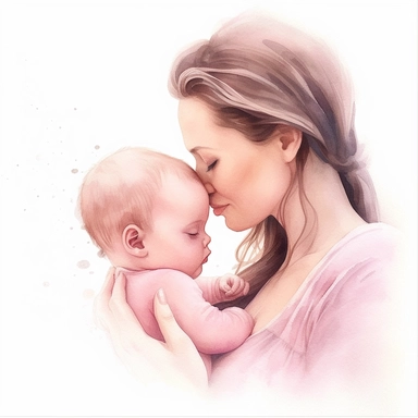 Illustrate a poignant watercolor clipart of a mother gently kissing her baby girl on the lips in soft pastel pink. Their faces are close, capturing a tender moment of shared affection. Their expressions should be depicted with intricate details and realism, set against a white background.