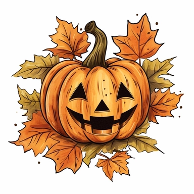 cute hand drawn png clip art color art of jack o’ lantern with fall leaves