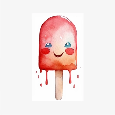 illustration, watercolour clipart, summer, one tall red popsicle, white background, emoji smiling face, cute, animated shape, emotive face