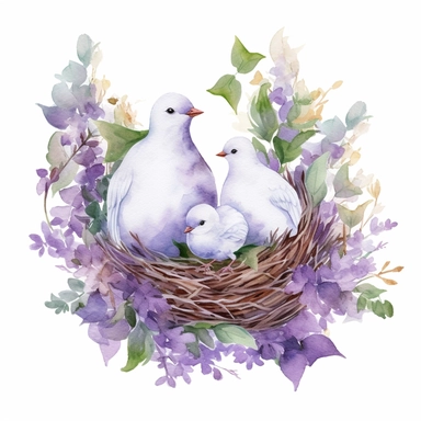 four cute white baby birds sitting in a tree, clipart