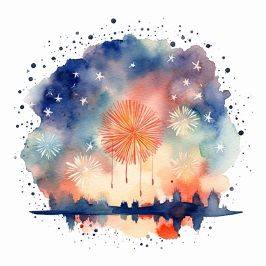 4th of July Firework watercolor clipart, detailed, in the sky during sunset, white background