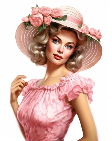 detailed beautiful lady facing me with vintage hat with pink roses dressed in a vintage dress, hyper realistic, 8k, isolated on white backgorund, clipart
