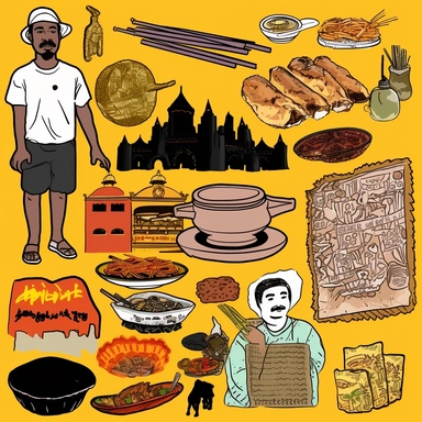 a set of black line clipart inspired by Raiders of the Lost Ark and travel and food and colonialism and David Chang and stolen cultural relics and cooking and grilling and eating and global cuisine and 1980s action figures