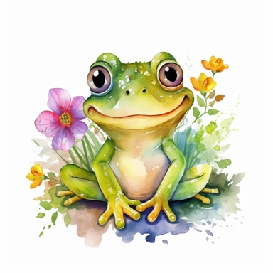 cute cartoon frog watercolor clipart with flowers