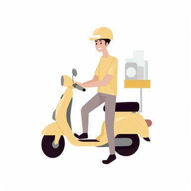 vector design, moped food delivery man, flat modern illustration, clipart, very simple picture, white background, soft gradient transition, in the style of warm color palette, natural pastel colors, in yellow, grey and black colors, object portraiture specialist, uniformly staged images, animated illustrations