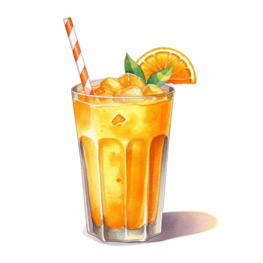 watercolor orange juice in glass with cream on top and straw clipart, white background