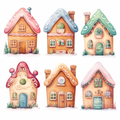 very simple watercolour childrens book style drawing of different cute gingerbread houses, pastel colours soft on white background for clipart, 8k