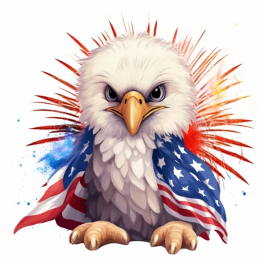 illustration of cute baby american bald eagle, wearing red white and blue american flag colors, fireworks in background, 4th of july, clipart svg, white background