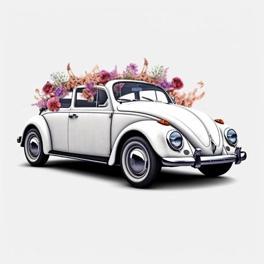 clipart, vintage Volkswagen bug convertible in white with a black convertible top, convertible top down, surrounded by muted pink florals , clean white background