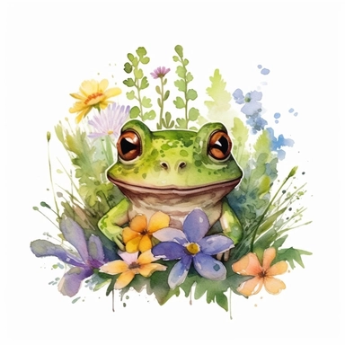 a clip art of a cute frog face surrounded by wild flowers watercolored cottagecore